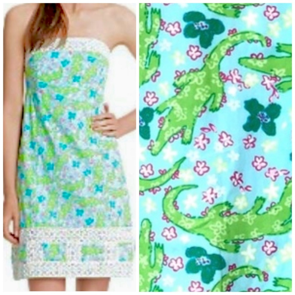 Lilly Pulitzer Bowen Turquoise Alberta Rare Gator Strapless Dress Size 2 EUC